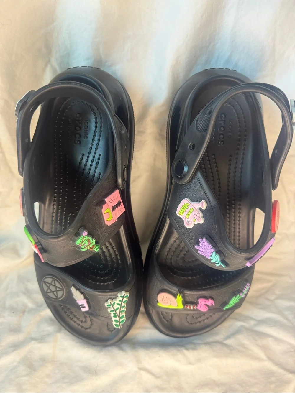 CROCS Black Mega Crush Platform Sandals with Colorful Jibbitz Charms - Picture 2 of 4